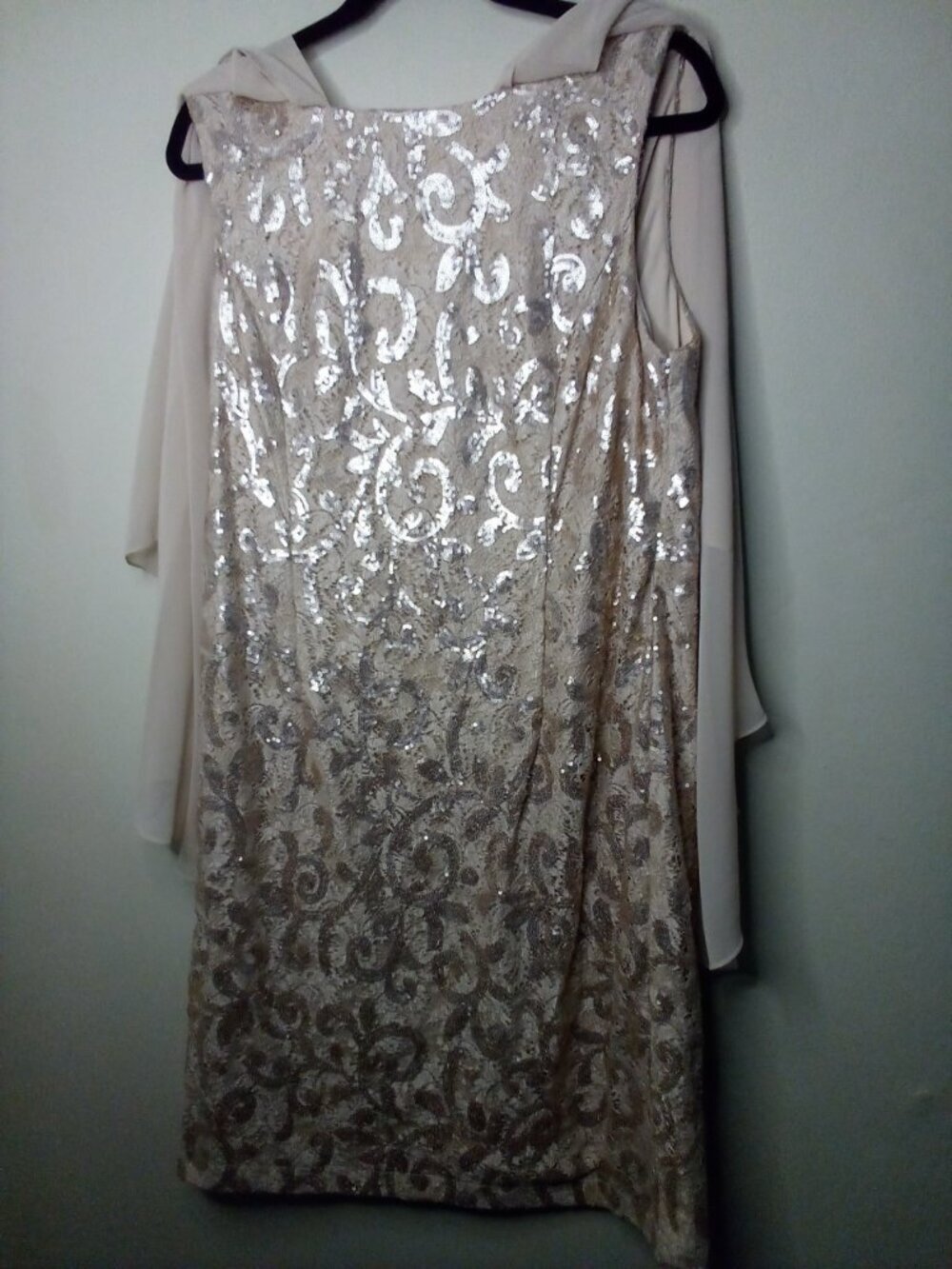Alex Evenings Dress Women 16 Sleeveless Sheer Drape Sleeve Sequins Tan - Picture 3 of 15